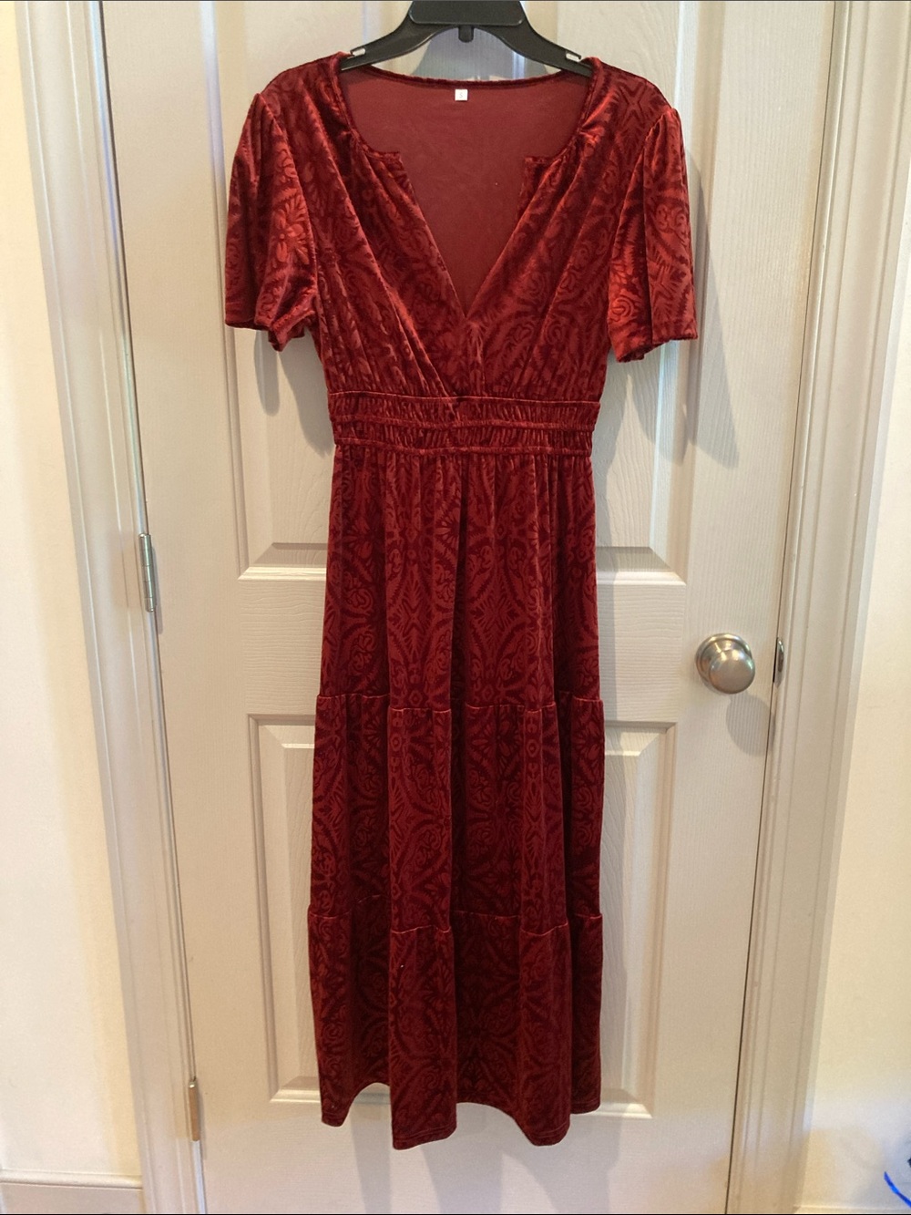 Red Velvet V-Neck Midi Dress - Women